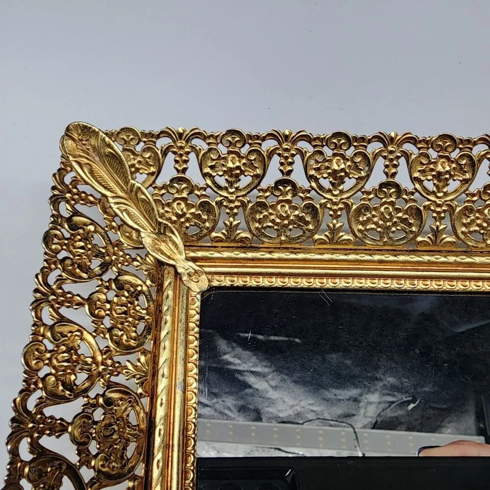 Gold Tone Filigree Mirrored Vanity Tray Wall Hanging Rectangle Hollywood Regency